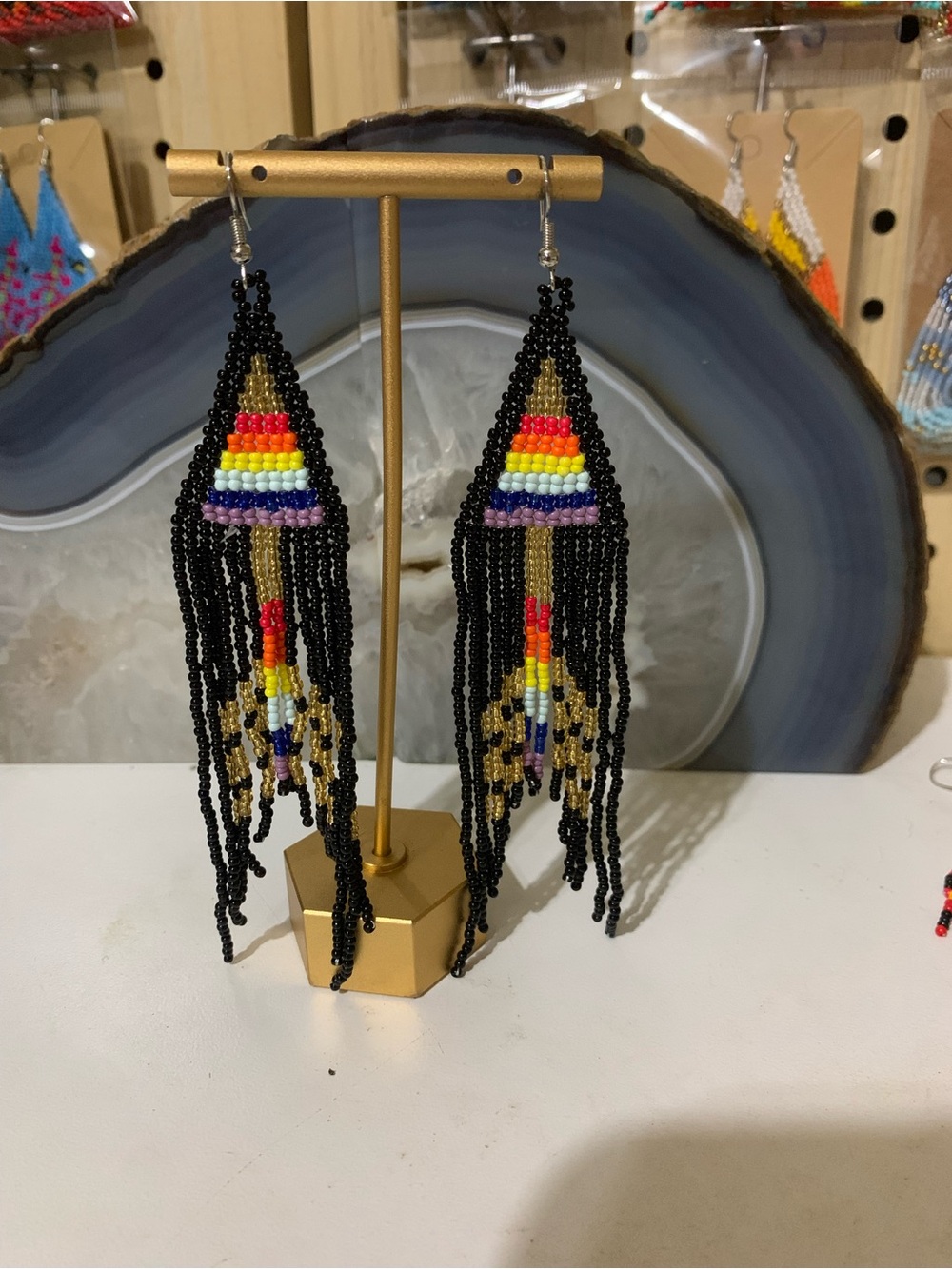 Black Beaded Fringe Earrings with Rainbow Accent